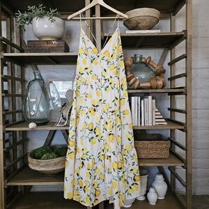 H&M Amalfi Lemon Print Tiered Maxi Dress Cream Yellow Citrus NWOT Size XL